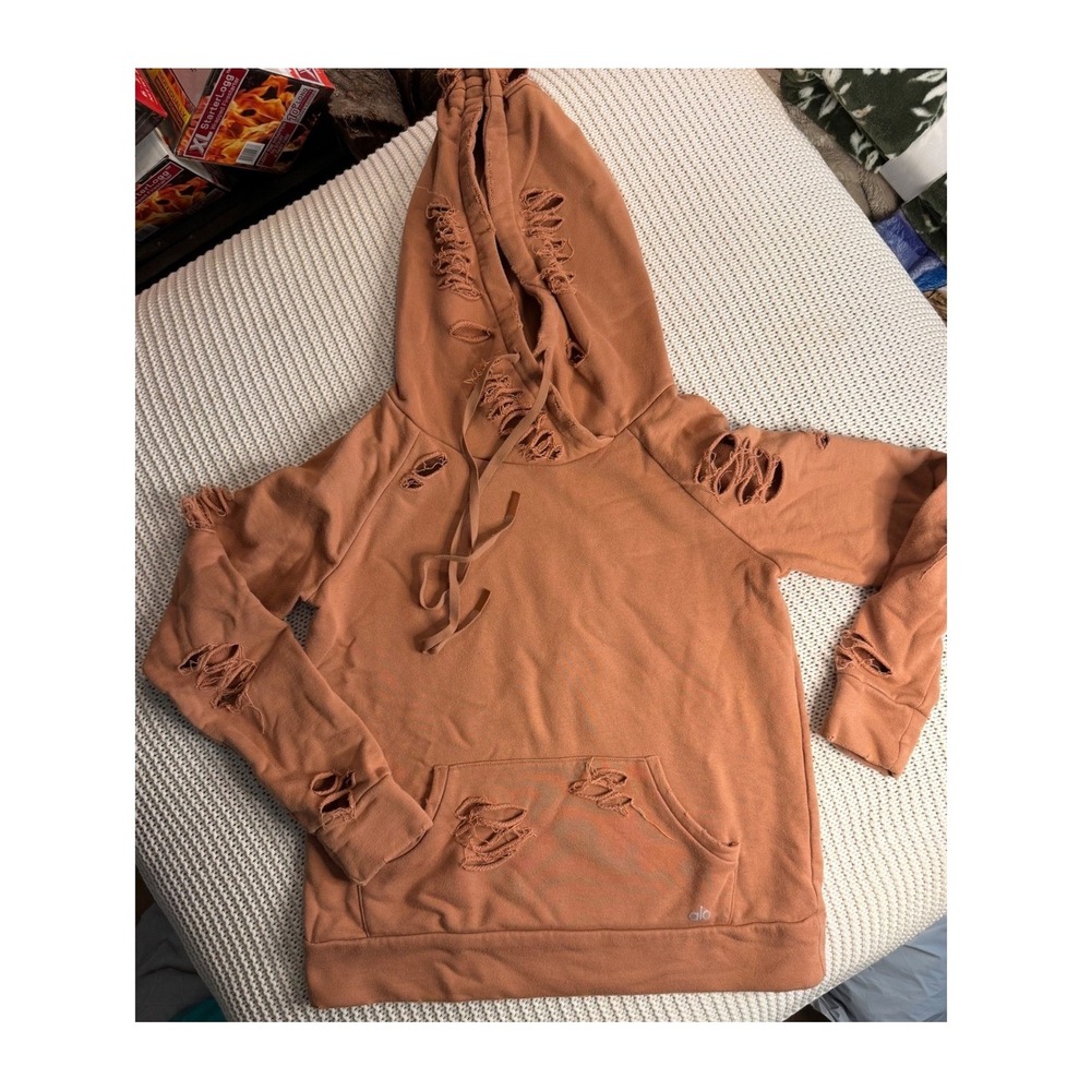 Alo Yoga Extreme Ripped Hoodie Terracotta Orange Distressed Sweatshirt Small
